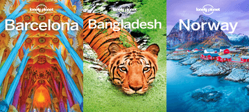 Book covers for Barcelona, Bangladesh, and Norway Lonely Planet series